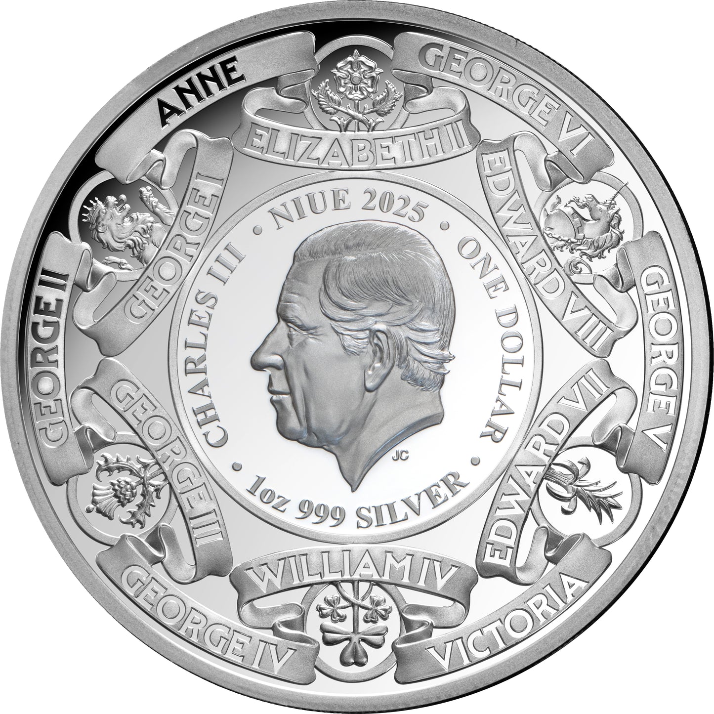 2025 Niue Monarchs of Britain – $1 Gold-Plated 1oz Silver Proof Coin