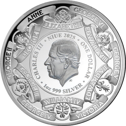 2025 Niue Monarchs of Britain – $1 Gold-Plated 1oz Silver Proof Coin