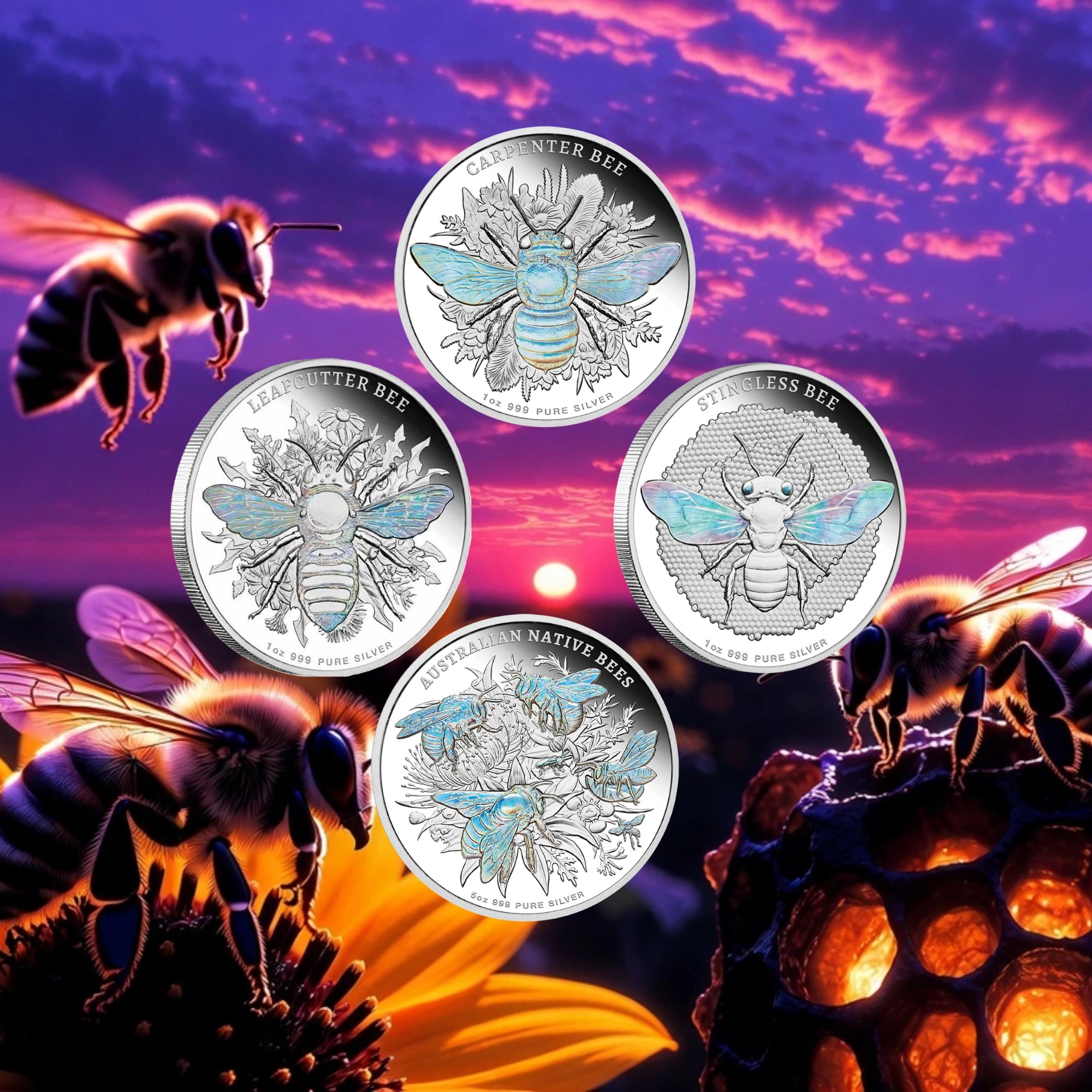 2026 Niue Native Bees 1oz & 5oz Silver Proof Hologram 4-Coin Collection