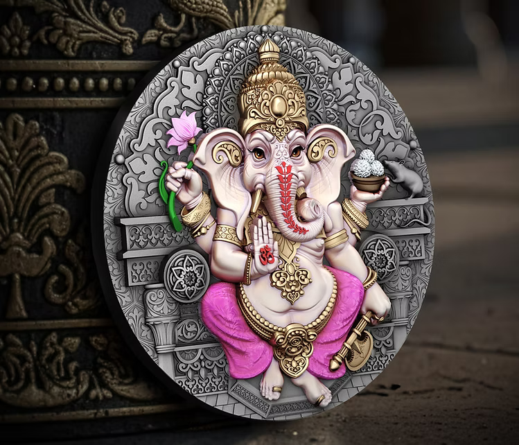 2025 Niue Ganesha 2oz Silver HR Antiqued Coloured Coin