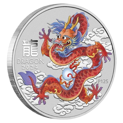 2024 Perth Mint Lunar Dragon 4oz Silver Coloured 8-Coin Set Wth Thematic Box