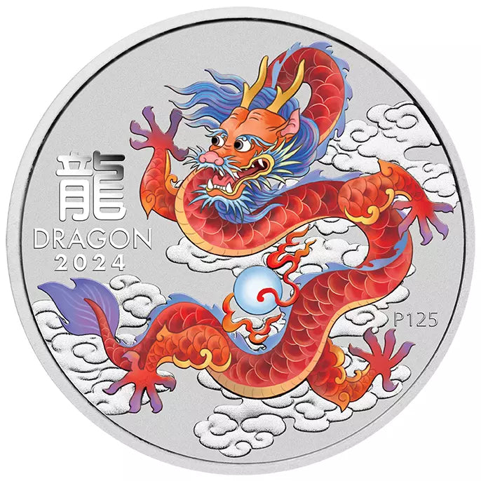 2024 Perth Mint  Lunar Red Dragon 1/2oz Silver Coloured Coin in Capsule