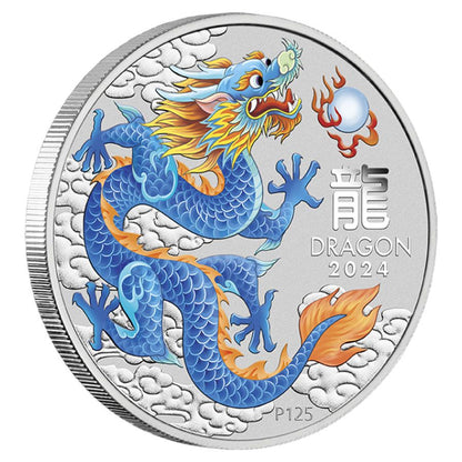 2024 Perth Mint Lunar Dragon 4oz Silver Coloured 8-Coin Set Wth Thematic Box