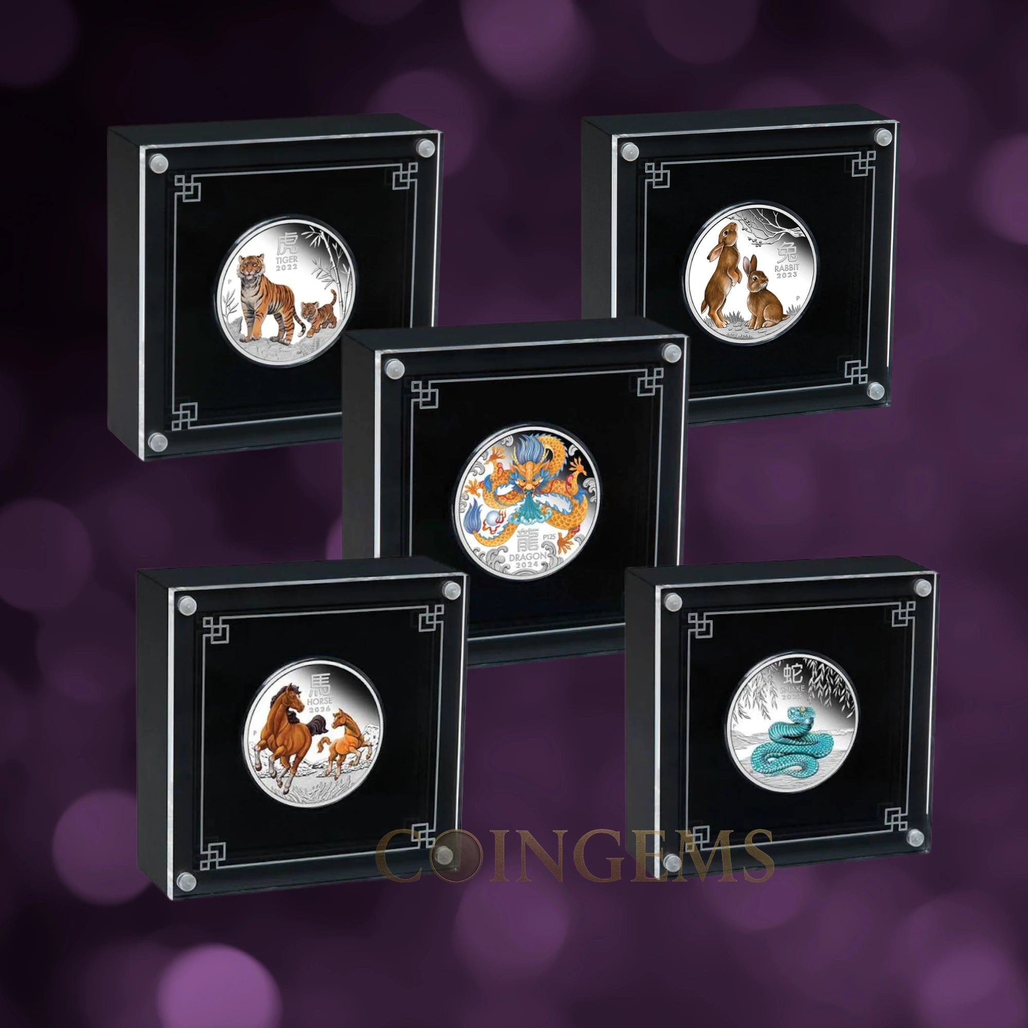 2022–2026 Perth Mint Lunar Series III 1/2oz Silver Coloured 5 Coin Collection
