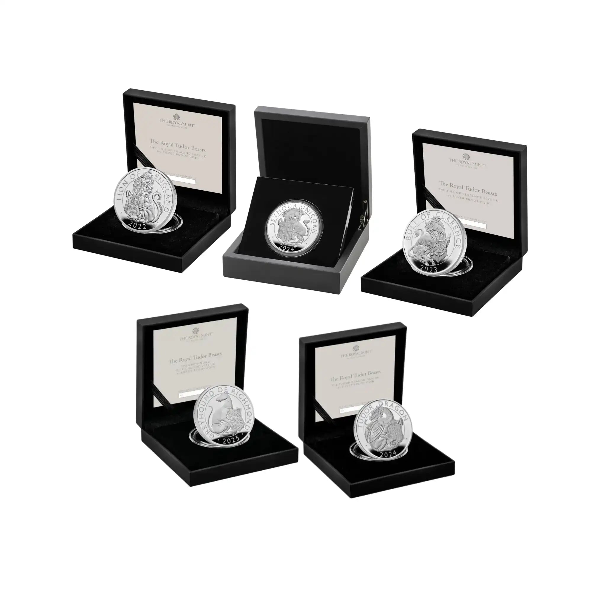 2022–2025 Royal Mint Tudor Beasts 1oz Silver Proof 5 Coin Collection