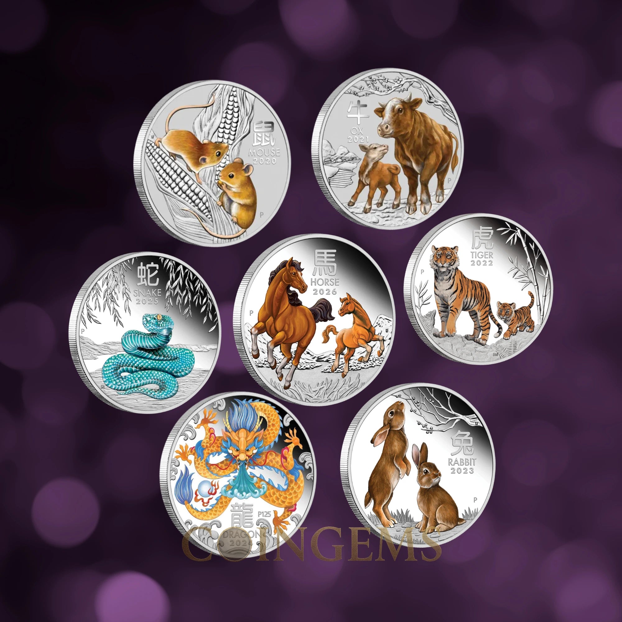 2020–2026 Perth Mint Lunar Series III 1/2oz Silver Coloured 7 Coin Collection