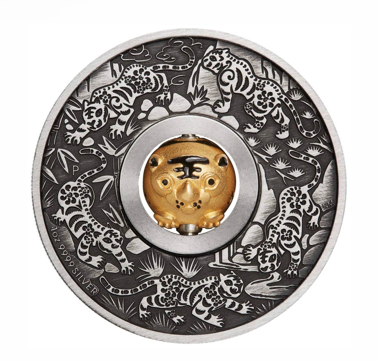 2022 Lunar Tiger Rotating Charm 1oz silver antiqued Coin
