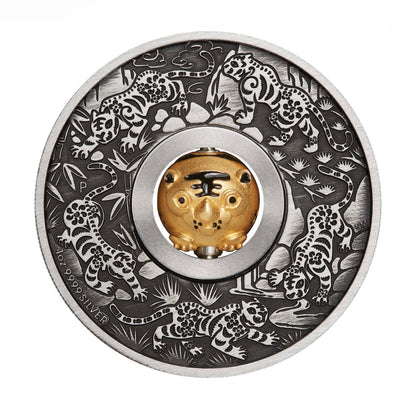 2022 Lunar Tiger Rotating Charm 1oz silver antiqued Coin