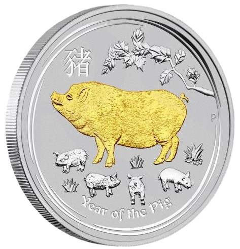 2019 Perth Mint Lunar Pig 1oz Silver Gilded Coin