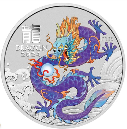 2024 Perth Mint Lunar Dragon 1oz Silver Purple Coloured Coin