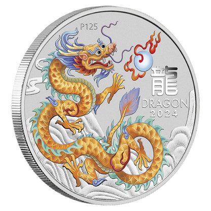 2024 Perth Mint Lunar Dragon 4oz Silver Coloured 8-Coin Set Wth Thematic Box
