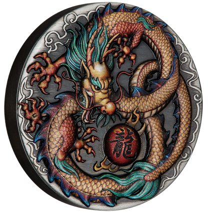 2022 Perth Mint Dragon 2oz Coloured High Relief Antiqued Silver Coin
