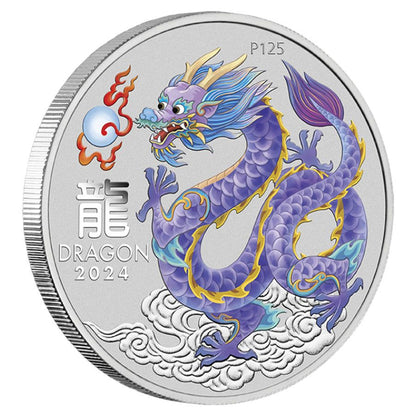 2024 Perth Mint Lunar Dragon 4oz Silver Coloured 8-Coin Set Wth Thematic Box