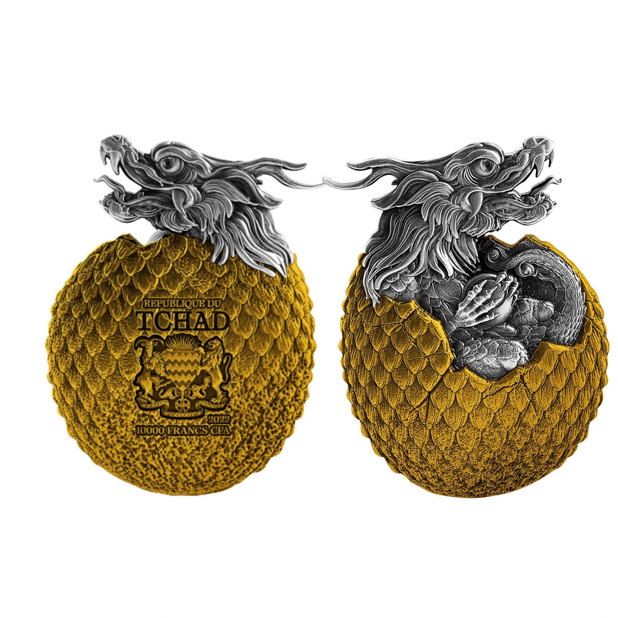 2022 Chad Chinese Dragon Egg 2oz Silver Antiqued High Relief Coin