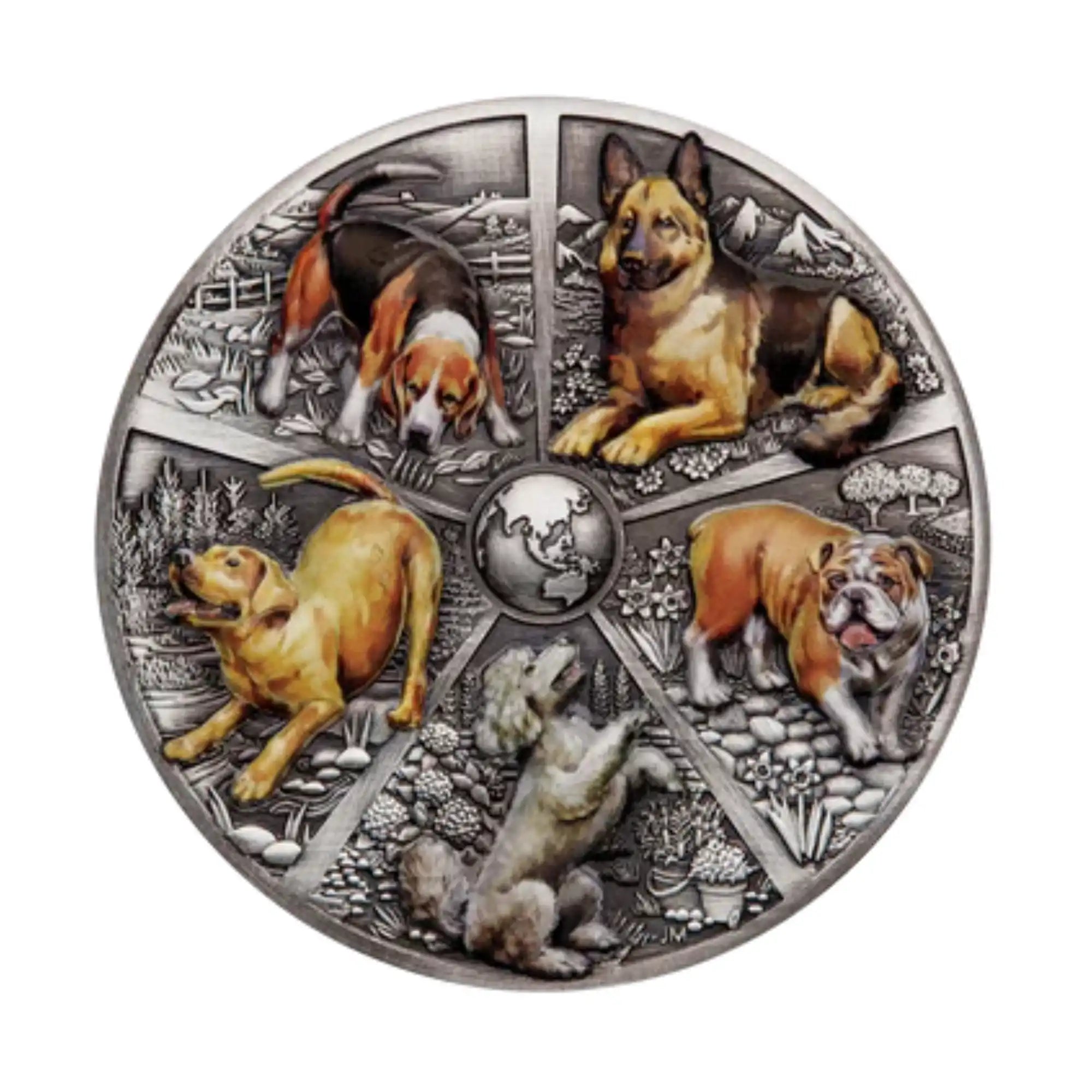 2025 Perth Mint World Popular Dogs 5oz Silver Antiqued HR Coloured Coin Cert24