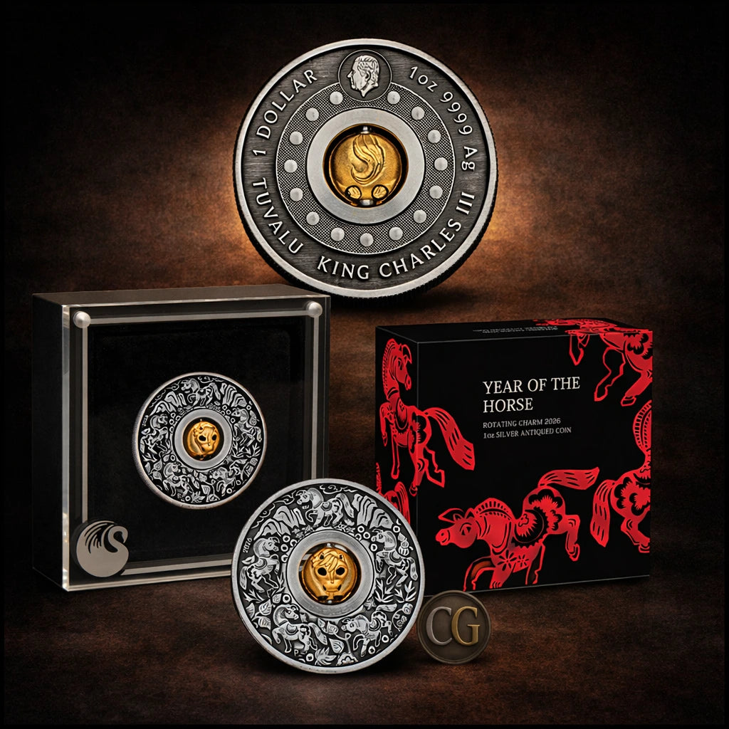 2026 Perth Mint Lunar Horse Rotating Charm 1oz Silver Antiqued Coin