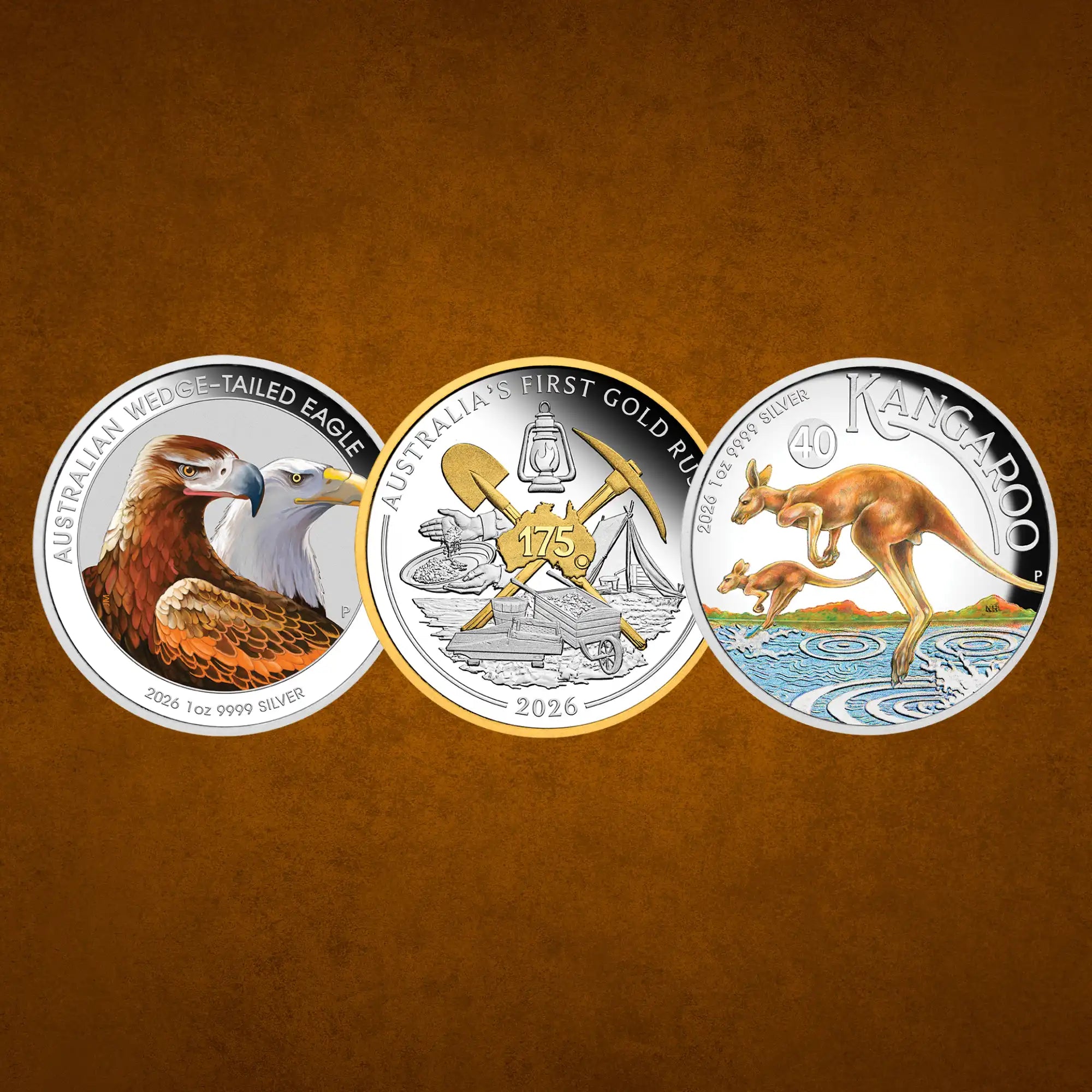 2026 Perth Mint Wedge-Tailed Eagle, Gold Rush & Kangaroo 1oz Silver Proof Coloured 3-Coin Set