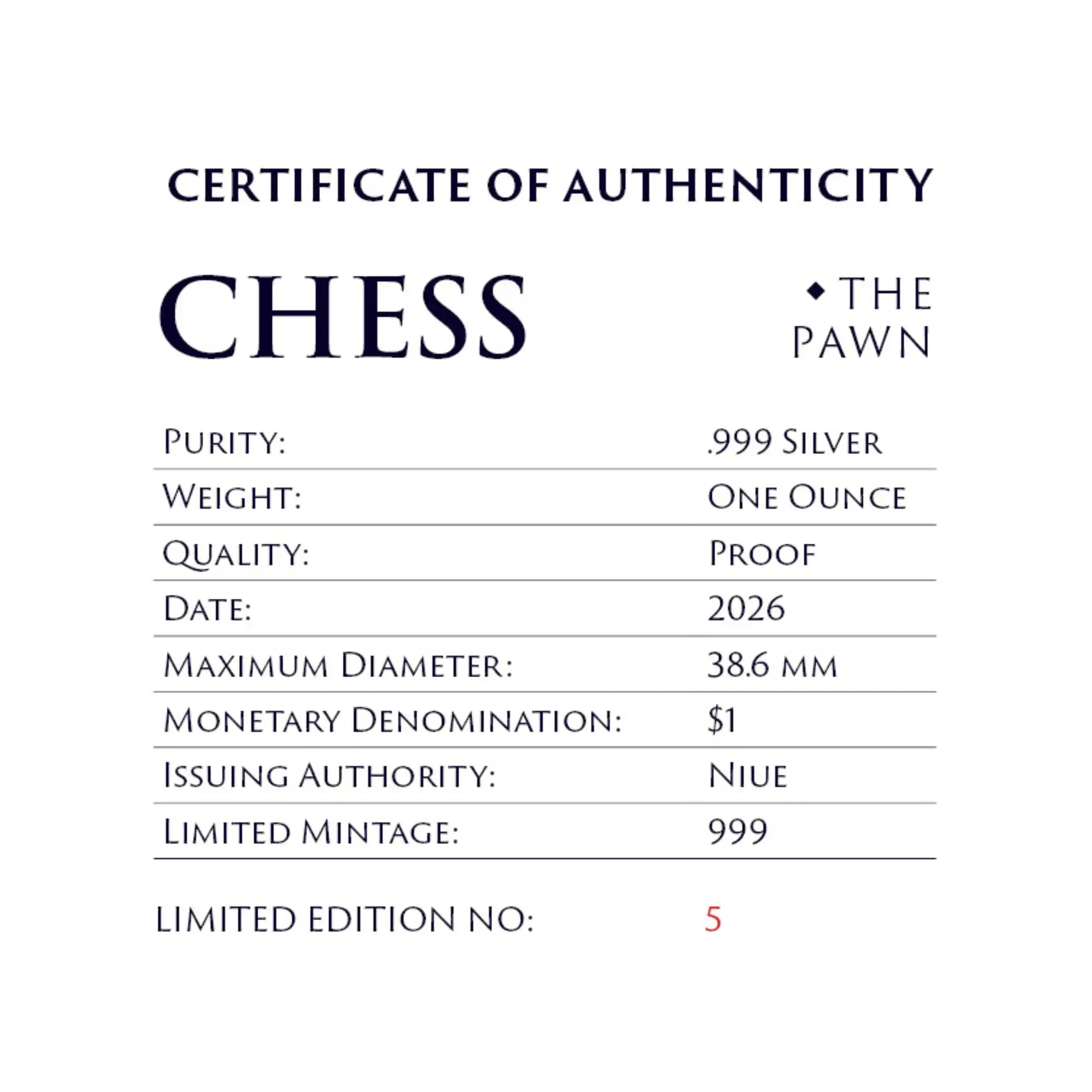 2026 Niue Chess Pawn 1oz Silver Black Proof Coin