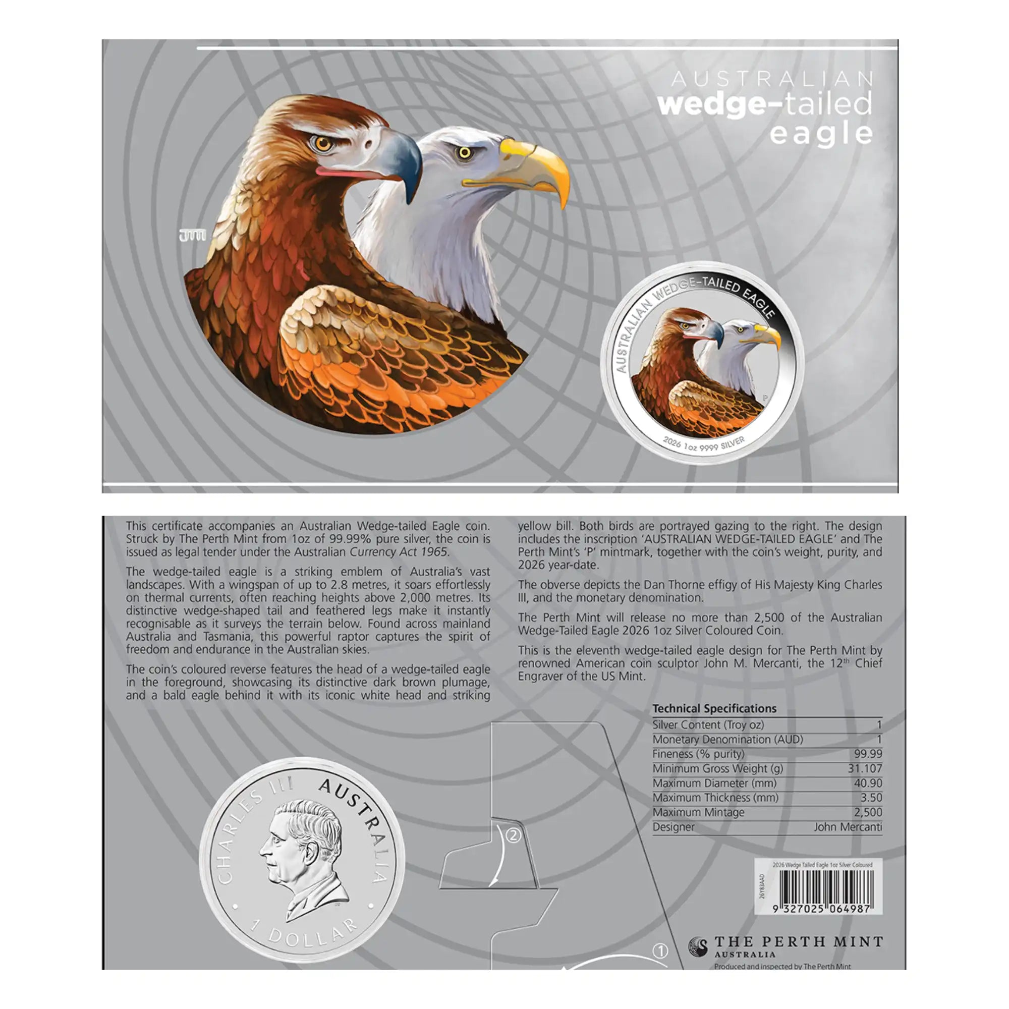 2026 Perth Mint Wedge-Tailed Eagle 1oz Silver Coloured Coin