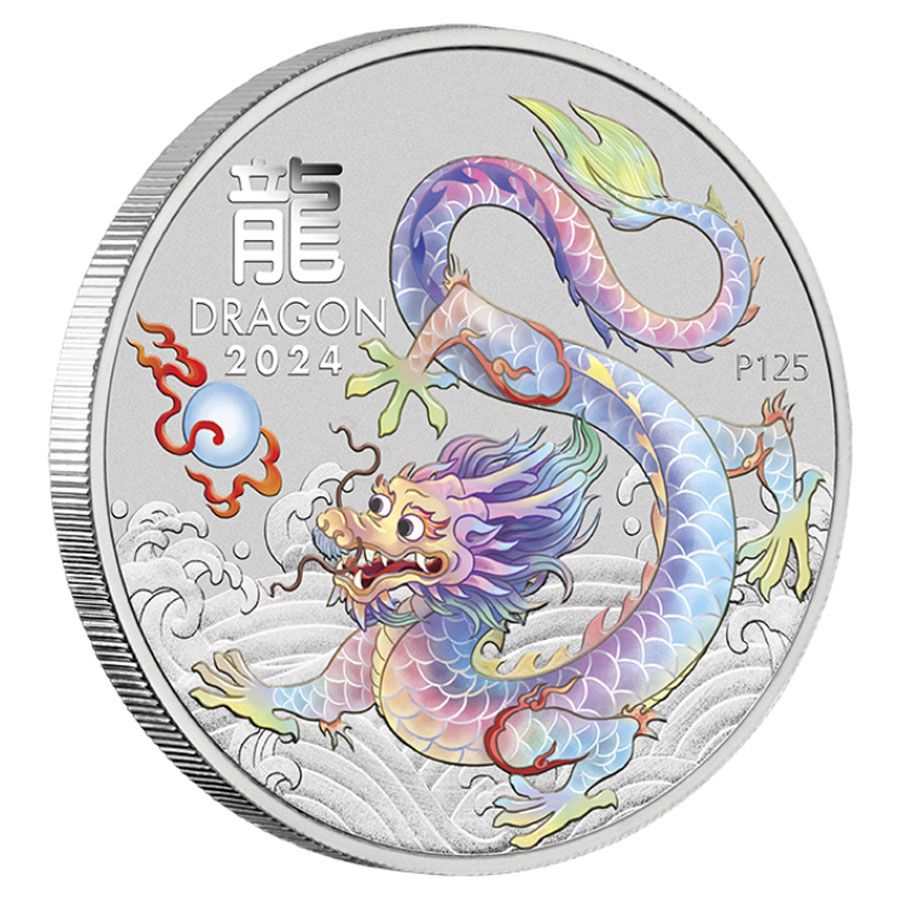2024 Perth Mint Lunar Dragon 4oz Silver Coloured 8-Coin Set Wth Thematic Box