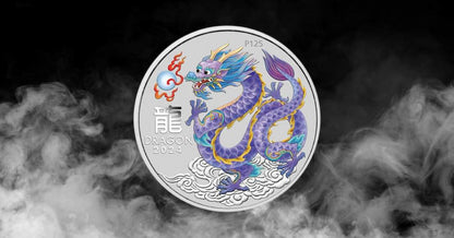 2024 Perth Mint Lunar Dragon 1oz Silver Lilac Coloured Coin in Card