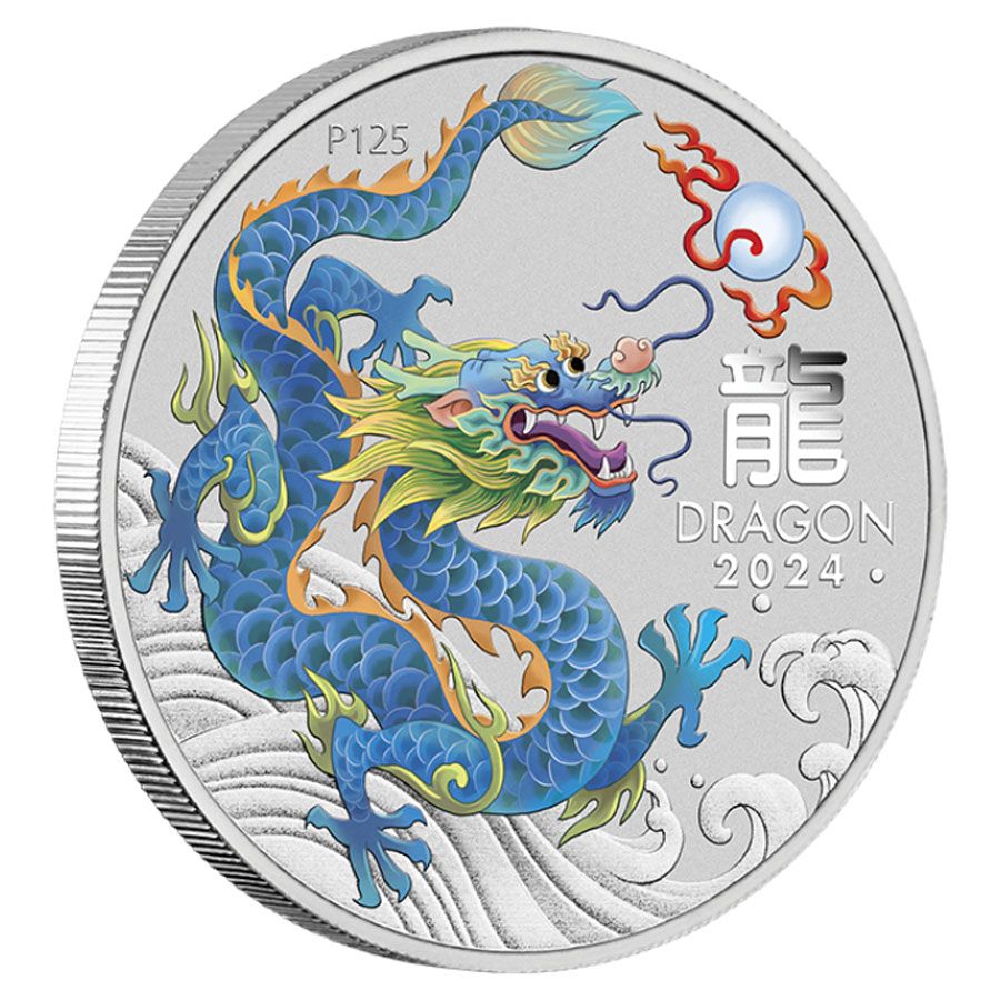 2024 Perth Mint Lunar Dragon 4oz Silver Coloured 8-Coin Set Wth Thematic Box