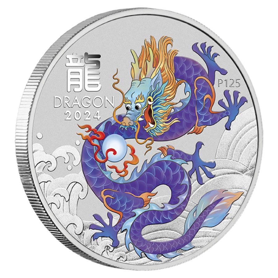 2024 Perth Mint Lunar Dragon 4oz Silver Coloured 8-Coin Set Wth Thematic Box