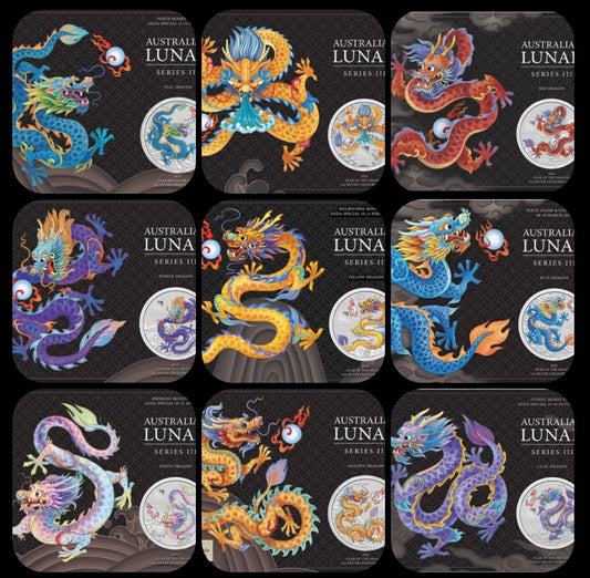 2024 Perth Mint Lunar Dragon 1oz Silver Coloured Coin in Card - All 9 Cards