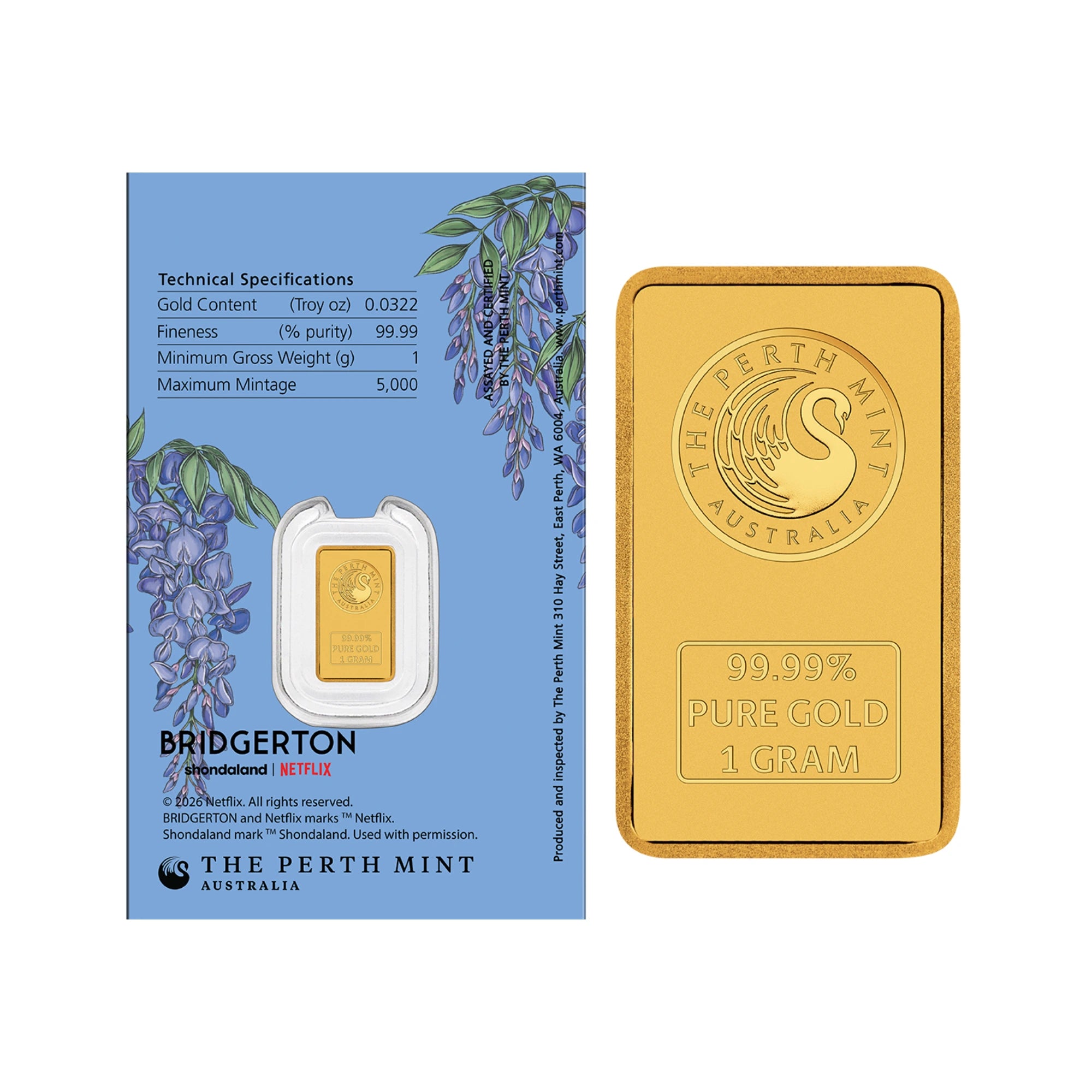 2026 Perth Mint Bridgerton 1g Gold Minted Bar in Card