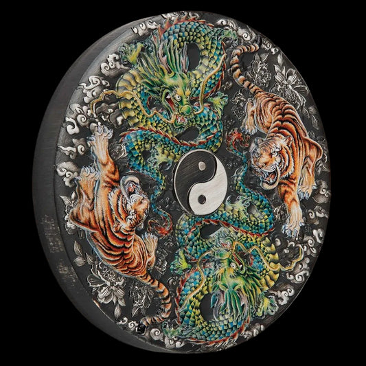2023 Perth Mint Double Dragon & Double Tiger 5oz Antiqued Silver Coloured Coin