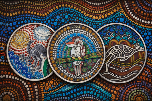 2023-2025 Perth Mint Emu, Kaa-kaa & Yongka 2oz Silver Antiqued Coloured 3 Coin Collection