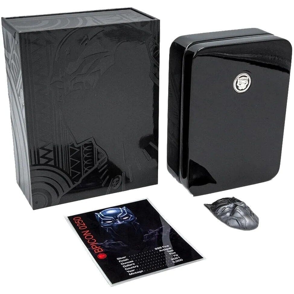 2021 Fiji Marvel Black Panther Mask 2oz Silver Antiqued Black Proof Coin