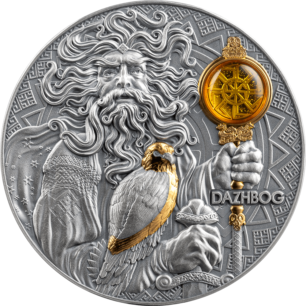 2024 Niue Dazhbog – Divine Faces of the Sun 3oz Gilded Antique Silver Coin