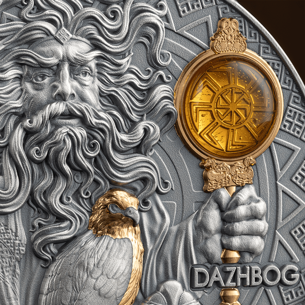 2024 Niue Dazhbog – Divine Faces of the Sun 3oz Gilded Antique Silver Coin