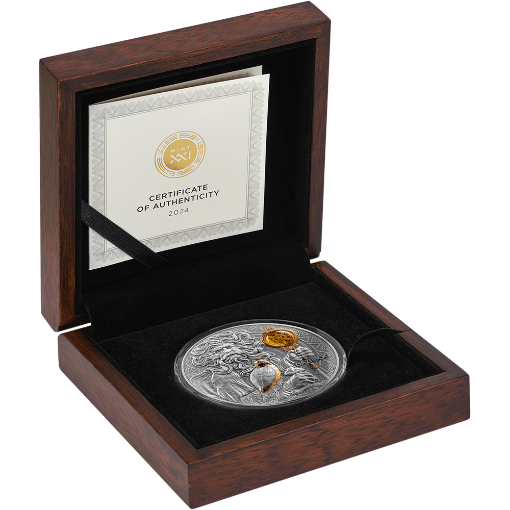 2024 Niue Dazhbog – Divine Faces of the Sun 3oz Gilded Antique Silver Coin