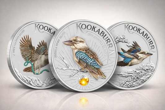 2024-2026 Perth Mint Kookaburra 1oz Silver Coloured 3 Coin Collection in Cards