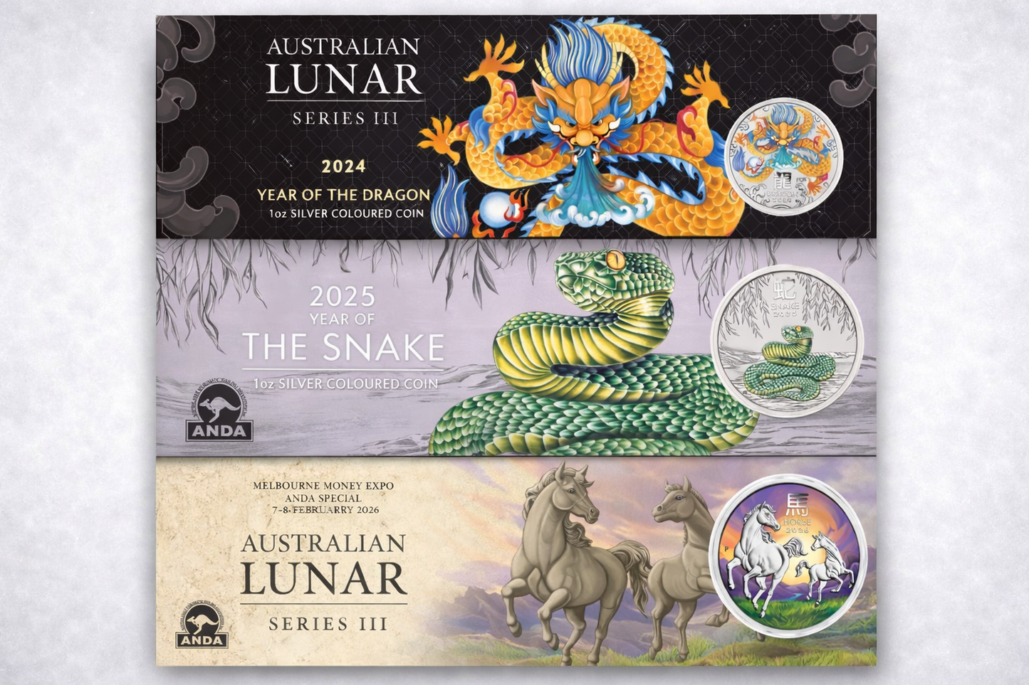 2024–2026 Perth Mint Lunar Dragon Snake Horse 1oz Silver Coloured 3-Coin Collection