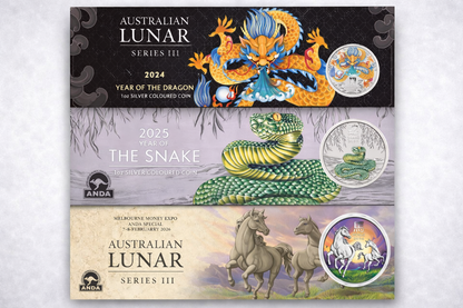 2024–2026 Perth Mint Lunar Dragon Snake Horse 1oz Silver Coloured 3-Coin Collection