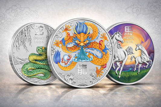 2024–2026 Perth Mint Lunar Dragon Snake Horse 1oz Silver Coloured 3-Coin Collection