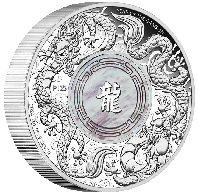 2024 Perth Mint Double Dragon Mother of Pearl 2oz Silver Proof Coin
