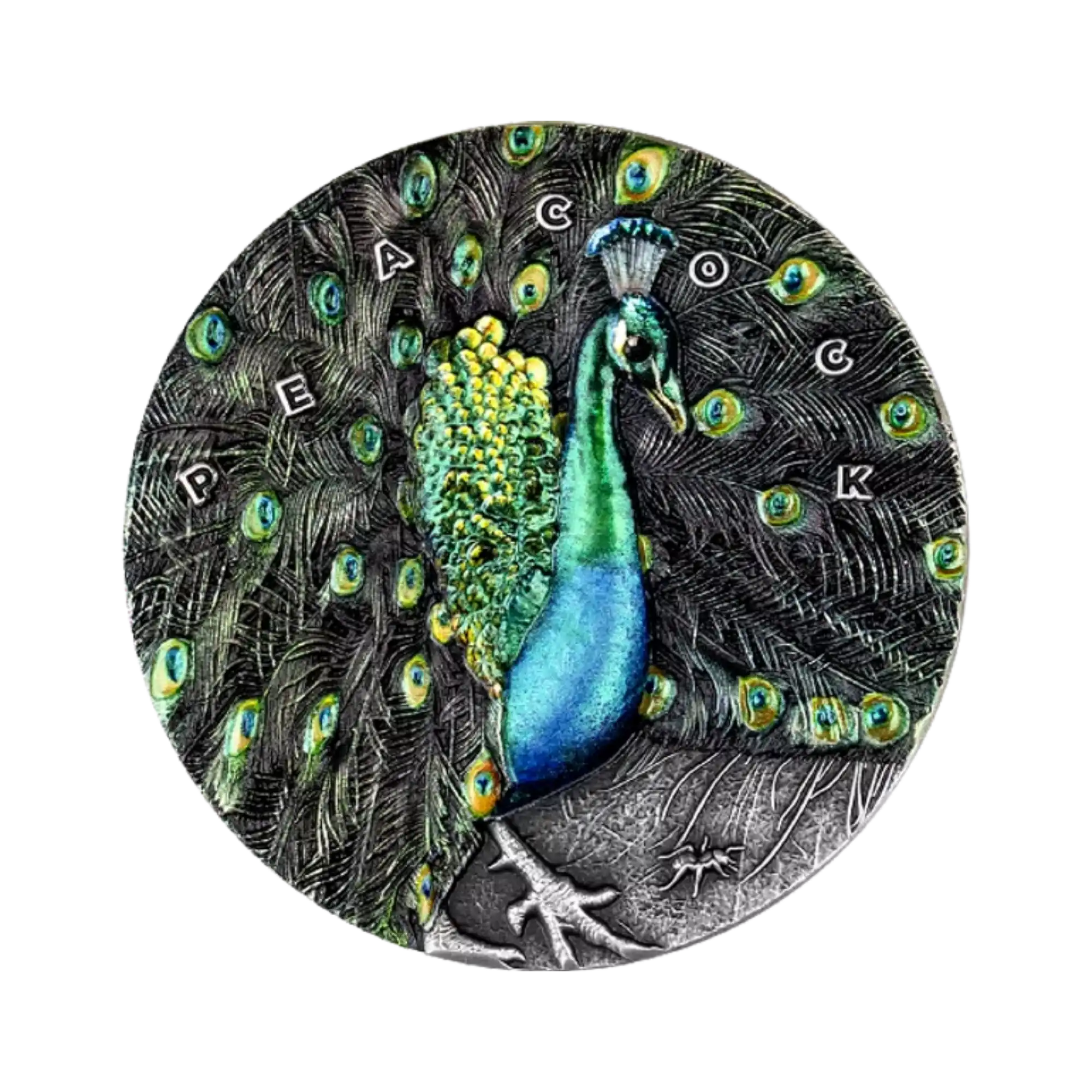 2022 Niue Peacock 3oz Silver Antique Finish Coin with Crystal Insert
