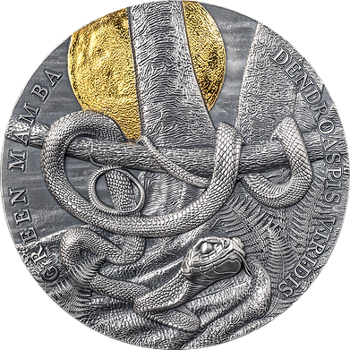 2022 Niue Wildlife Green Mamba 2oz Silver Antique Finish Gilded Coin