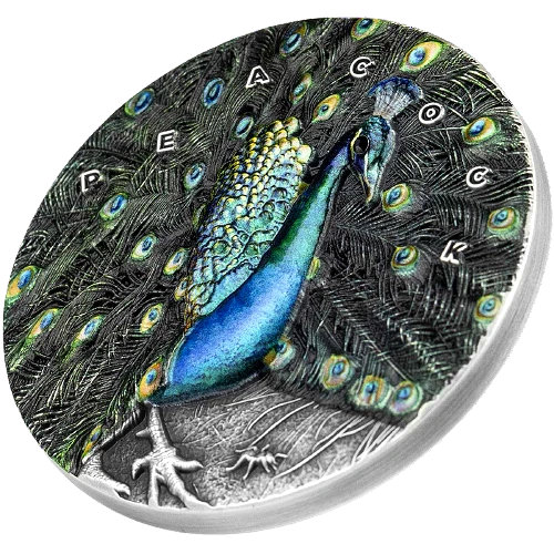 2022 Niue Peacock 3oz Silver Antique Finish Coin with Crystal Insert
