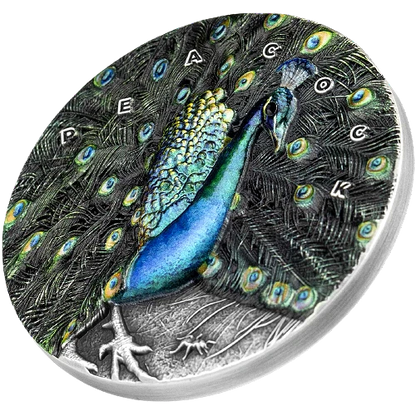 2022 Niue Peacock 3oz Silver Antique Finish Coin with Crystal Insert