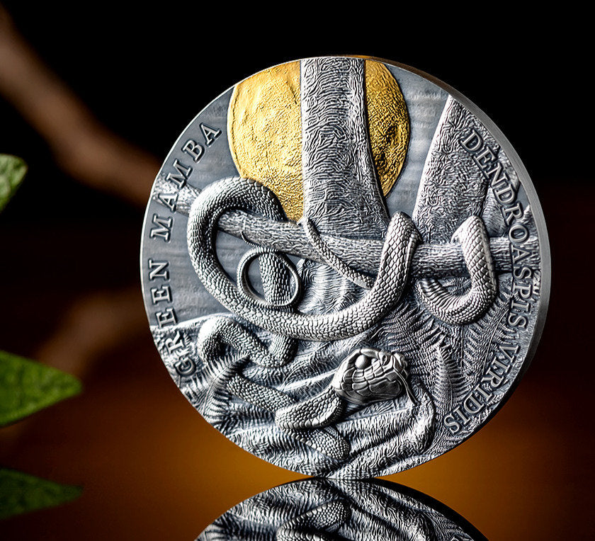 2022 Niue Wildlife Green Mamba 2oz Silver Antique Finish Gilded Coin