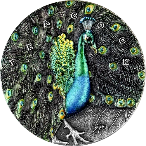 2022 Niue Peacock 3oz Silver Antique Finish Coin with Crystal Insert