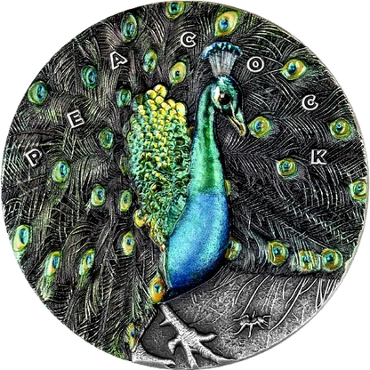 2022 Niue Peacock 3oz Silver Antique Finish Coin with Crystal Insert