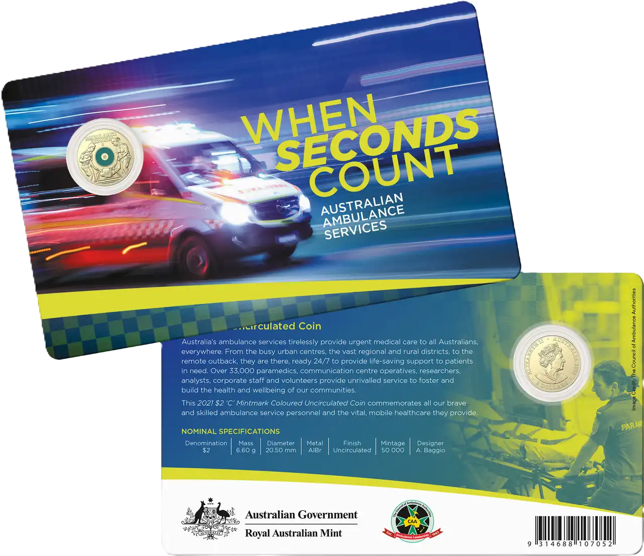 2021 Royal Australian Mint Ambulance Service C MintMark Carded Coin