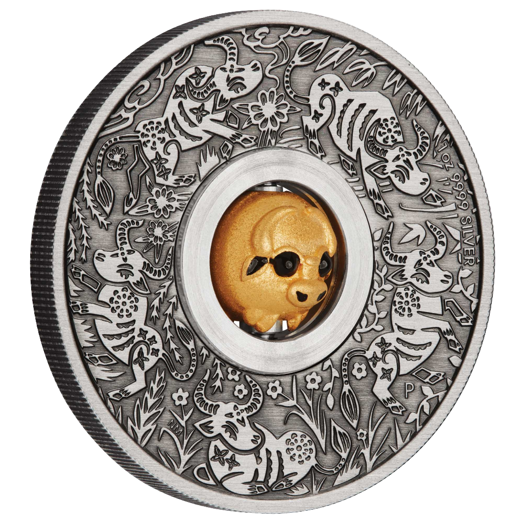 2021 Perth Mint Lunar Ox Rotating Charm 1oz Silver Antiqued Coin
