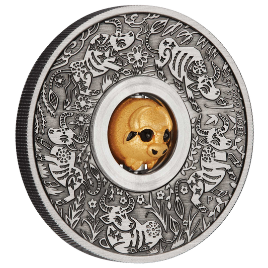 2021 Perth Mint Lunar Ox Rotating Charm 1oz Silver Antiqued Coin